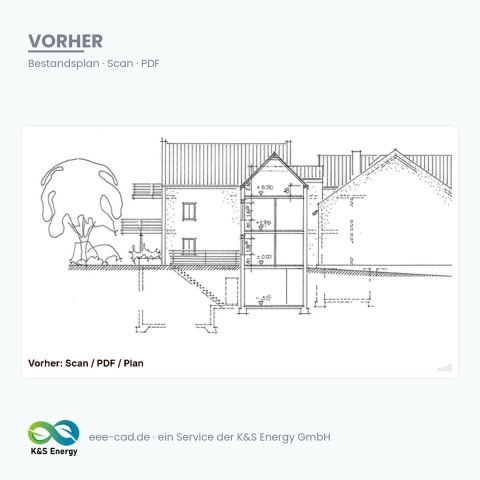 EEE-CAD: bestehende Gebäudezeichnung mit Fassadenansicht als Ausgangspunkt der Modellierung.